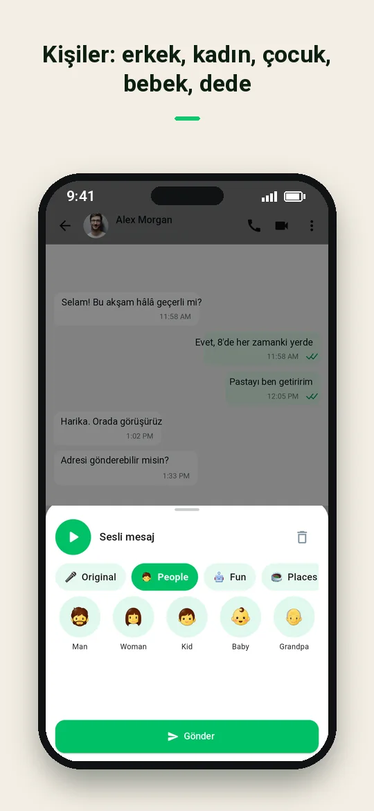 Kişiler: erkek, kadın, çocuk, bebek, dede — Haydai