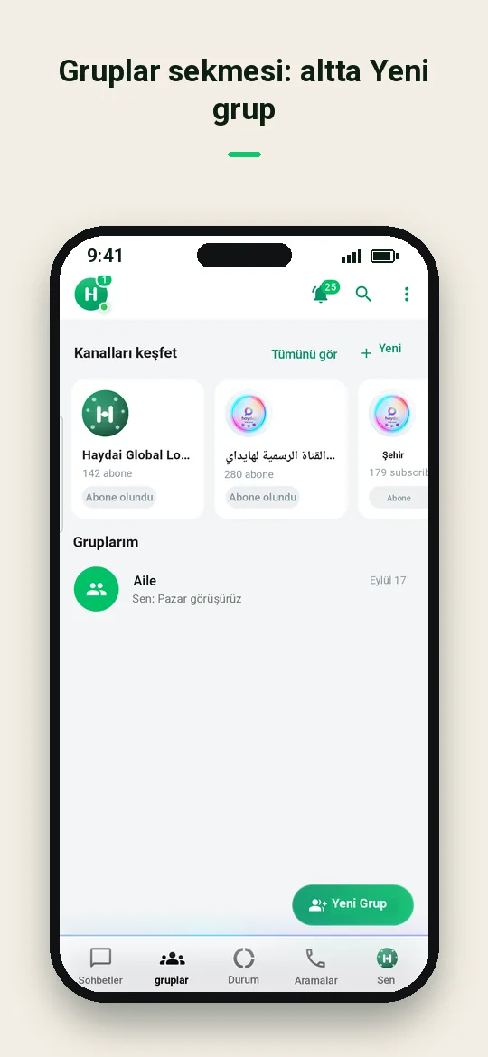 Gruplar sekmesi: altta Yeni grup — Haydai