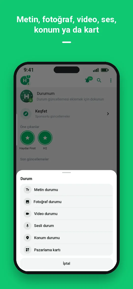 Metin, fotoğraf, video, ses, konum ya da kart — Haydai