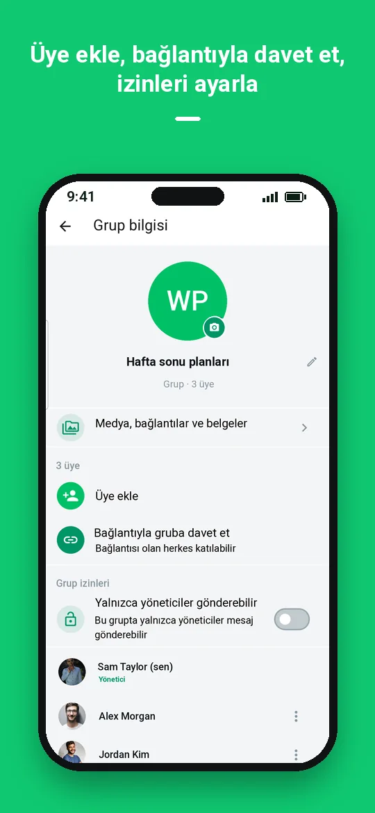 Üye ekle, bağlantıyla davet et, izinleri ayarla — Haydai