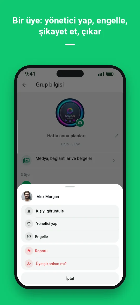 Bir üye: yönetici yap, engelle, şikayet et, çıkar — Haydai