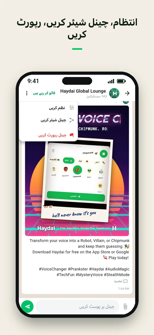 انتظام، چینل شیئر کریں، رپورٹ کریں — Haydai