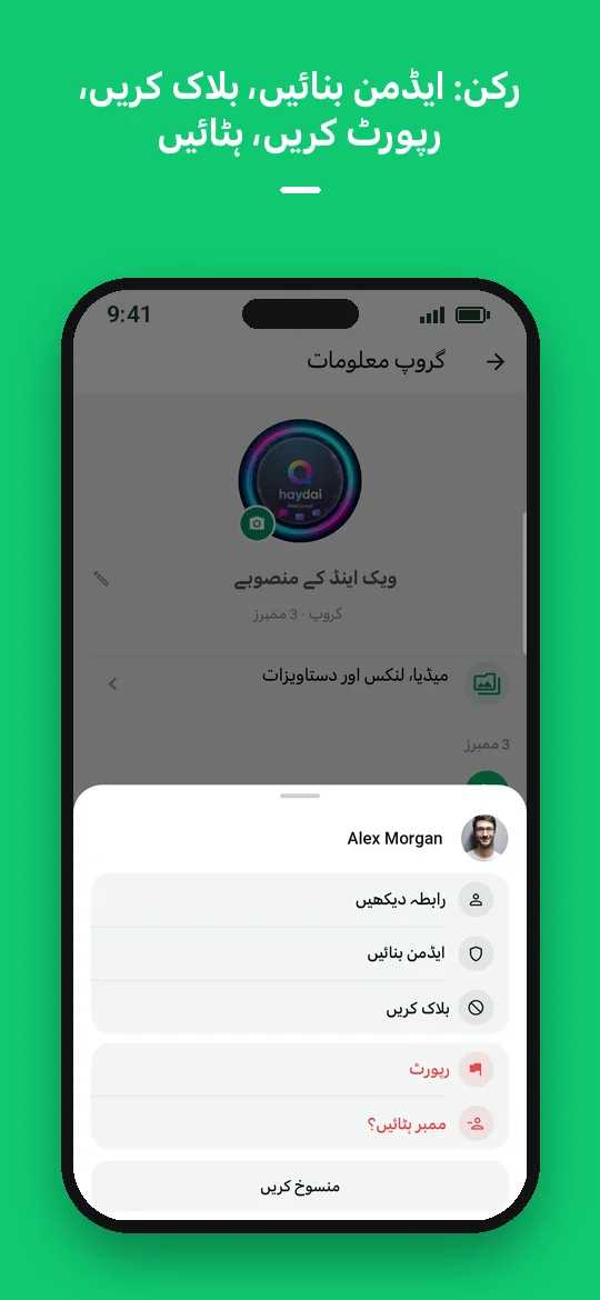 رکن: ایڈمن بنائیں، بلاک کریں، رپورٹ کریں، ہٹائیں — Haydai