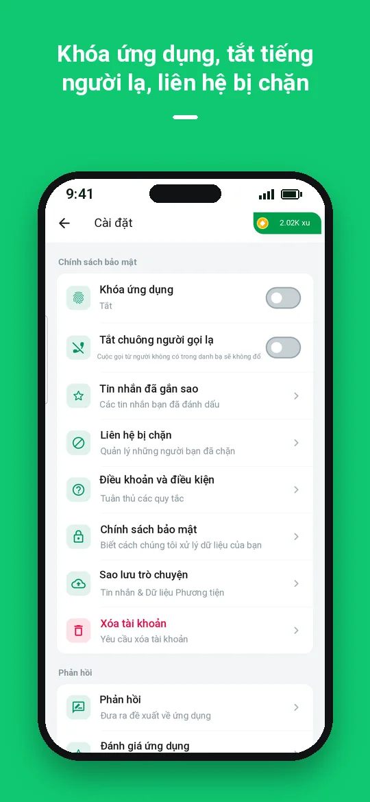 Khóa ứng dụng, tắt tiếng người lạ, liên hệ bị chặn — Haydai
