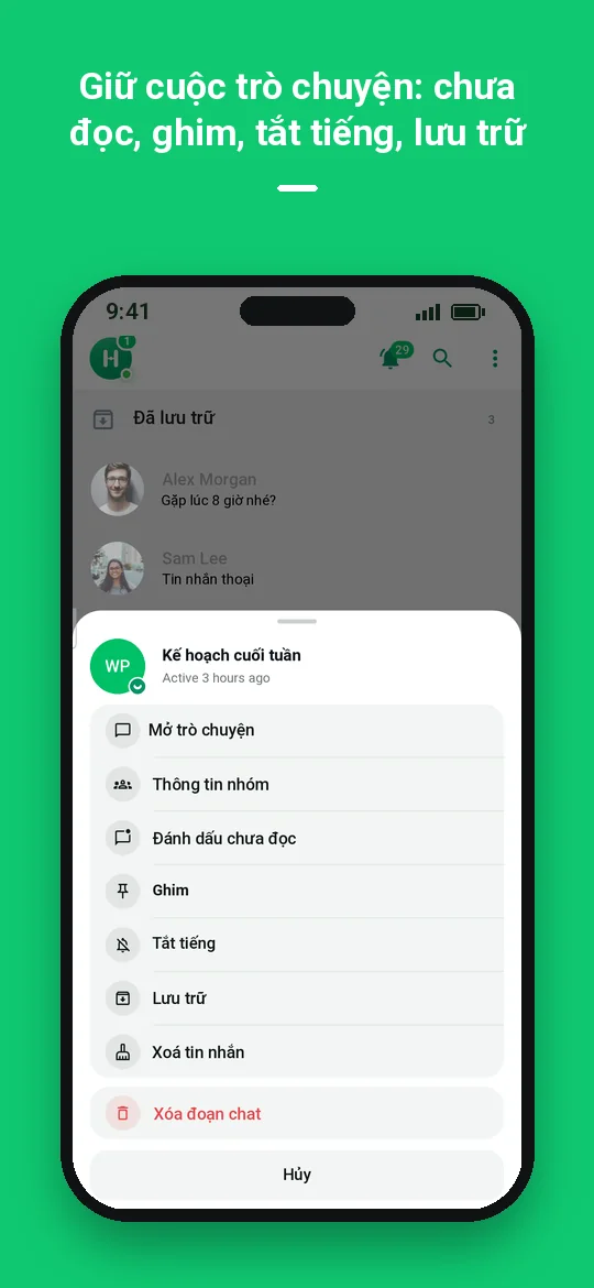 Giữ cuộc trò chuyện: chưa đọc, ghim, tắt tiếng, lưu trữ — Haydai