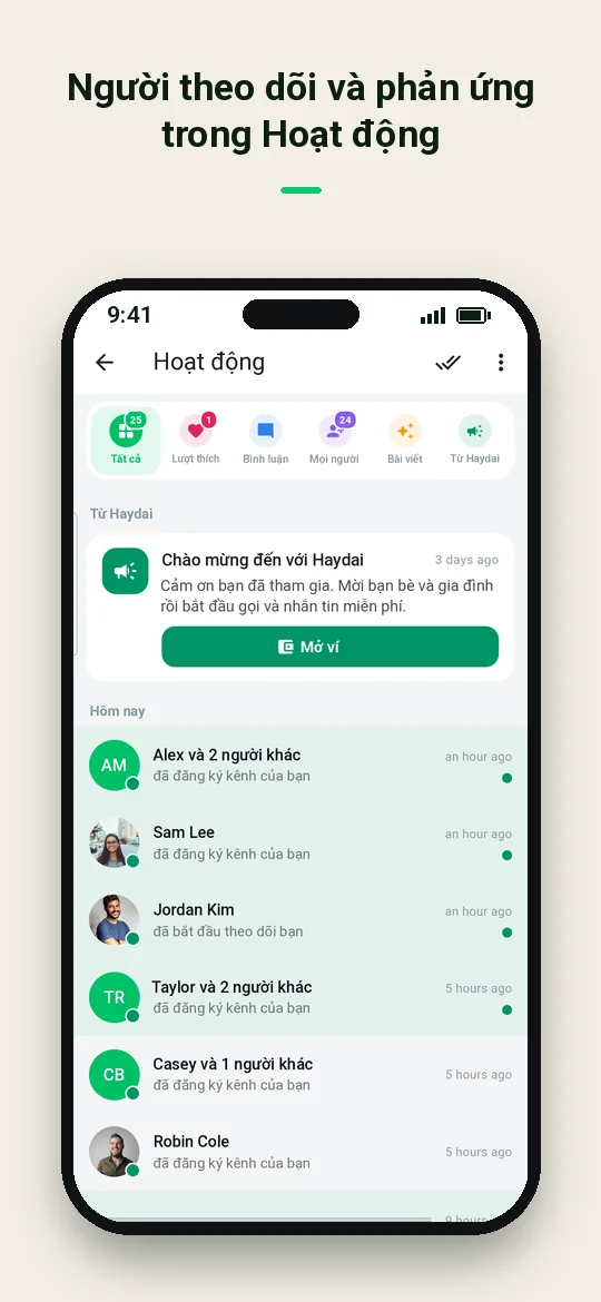 Người theo dõi và phản ứng trong Hoạt động — Haydai