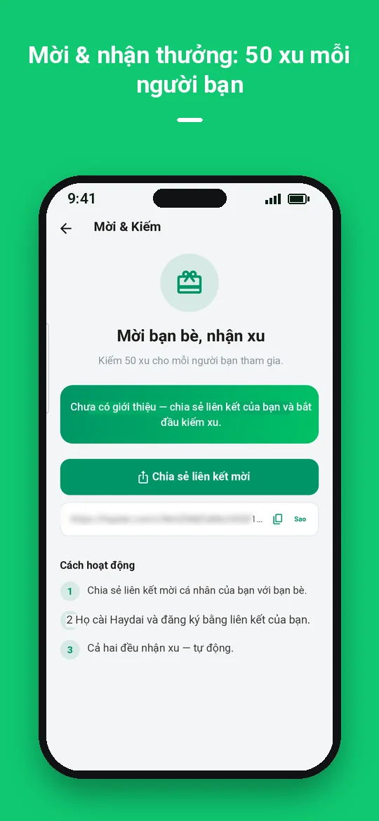 Mời & nhận thưởng: 50 xu mỗi người bạn — Haydai