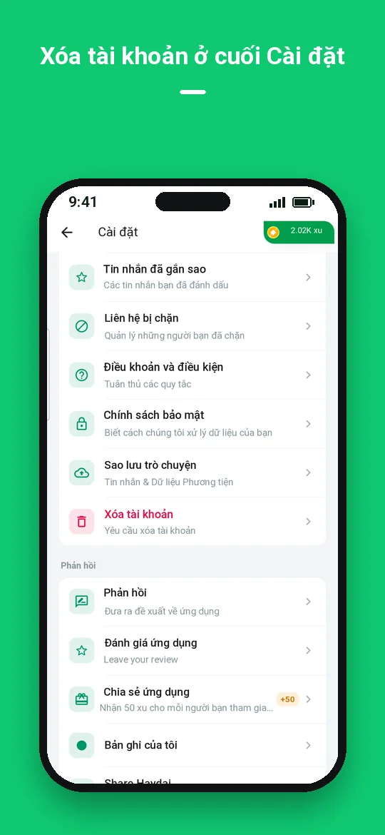 Xóa tài khoản ở cuối Cài đặt — Haydai