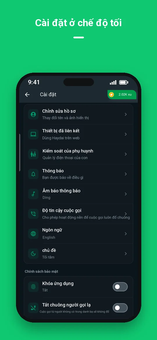 Cài đặt ở chế độ tối — Haydai