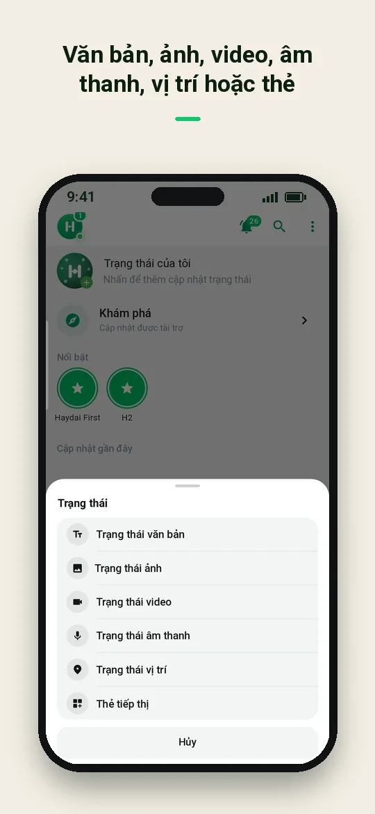 Văn bản, ảnh, video, âm thanh, vị trí hoặc thẻ — Haydai