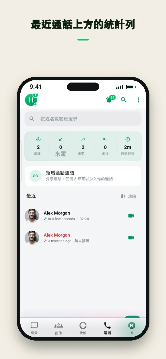 最近通話上方的統計列 — Haydai