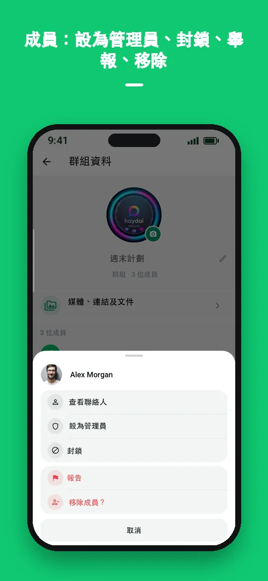 成員：設為管理員、封鎖、舉報、移除 — Haydai