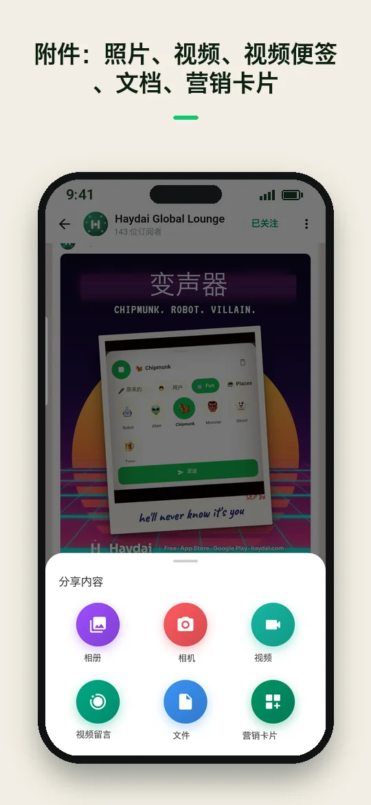 附件：照片、视频、视频便签、文档、营销卡片 — Haydai